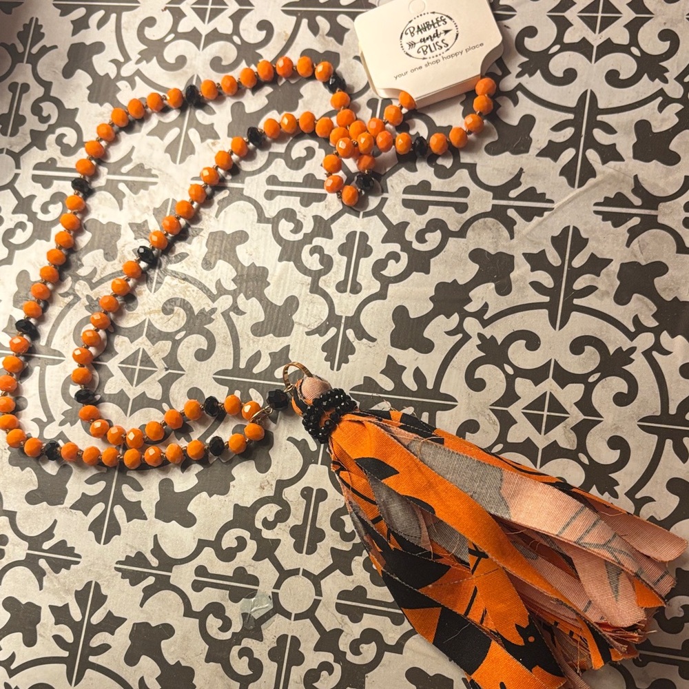 Orange Beaded Necklace with Tassel